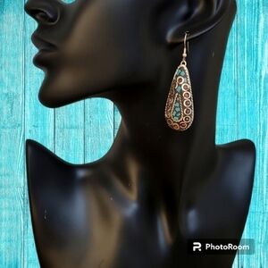 Tibetan Silver Turquoise Coral Mosaic Teardrop Dangle Festival Earrings